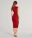 Flaunt your silhouette in the tight Dinner Downtown Sleeveless Ruched Midi Dress in red, a bodycon dress that empowers your look with bold style and effortless edge.