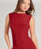 Make a bold statement in the Dinner Downtown Sleeveless Ruched Midi Dress in red, the perfect spring dress for weddings, cocktail hours, nights out, and/or seasonal celebrations.