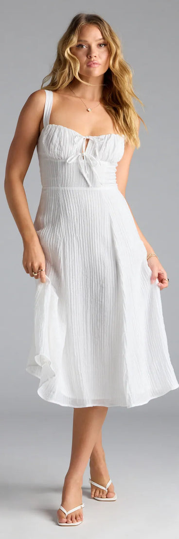 Shine with confidence, elegance, and standout style in the Spring Fling Corset Tie A-Line Midi Dress—a white graduation dress designed with a fresh silhouette and the latest trends.