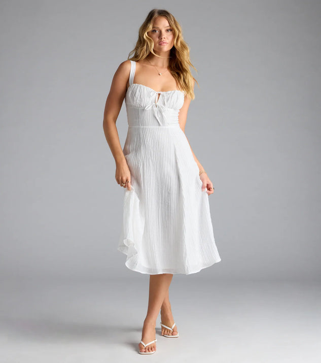 Shine with confidence, elegance, and standout style in the Spring Fling Corset Tie A-Line Midi Dress—a white graduation dress designed with a fresh silhouette and the latest trends.