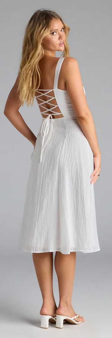 Shine with confidence, elegance, and standout style in the Spring Fling Corset Tie A-Line Midi Dress—a white graduation dress designed with a fresh silhouette and the latest trends.