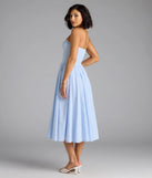 Soak up the season in the Breeze By Strapless Striped A-Line Midi Dress, a light blue sundress styled for easy days, outdoor plans, and everything in between.