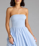 Soak up the season in the Breeze By Strapless Striped A-Line Midi Dress, a light blue sundress styled for easy days, outdoor plans, and everything in between.