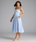 Soak up the season in the Breeze By Strapless Striped A-Line Midi Dress, a light blue sundress styled for easy days, outdoor plans, and everything in between.