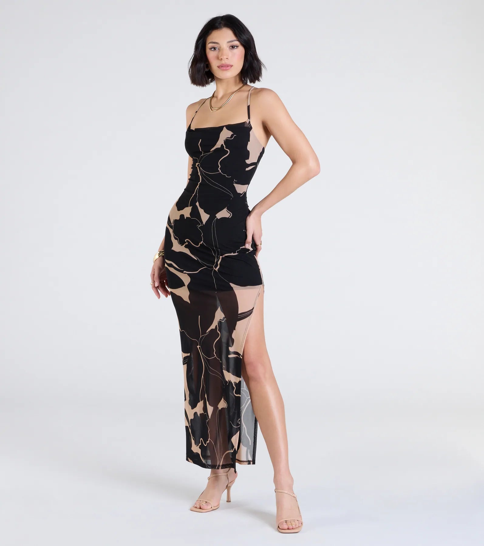 パーティードレス Ebony Scroll Print Silk Dress Luxurious Satin Evening Dress with Dramatic Train