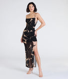 Make a bold statement in the Sunset Beauty Tropical Print Maxi Dress in black, the perfect spring dress for weddings, cocktail hours, nights out, and/or seasonal celebrations.