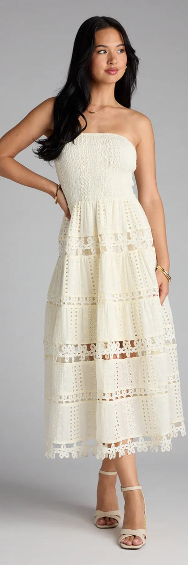 The Lovely Day Eyelet A-Line Midi Dress in ivory features a flattering fit and mid-calf hem, redefining effortless midi dresses for any occasion.