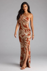 Island Style One-Shoulder Slit Tropical Maxi Dress | Windsor