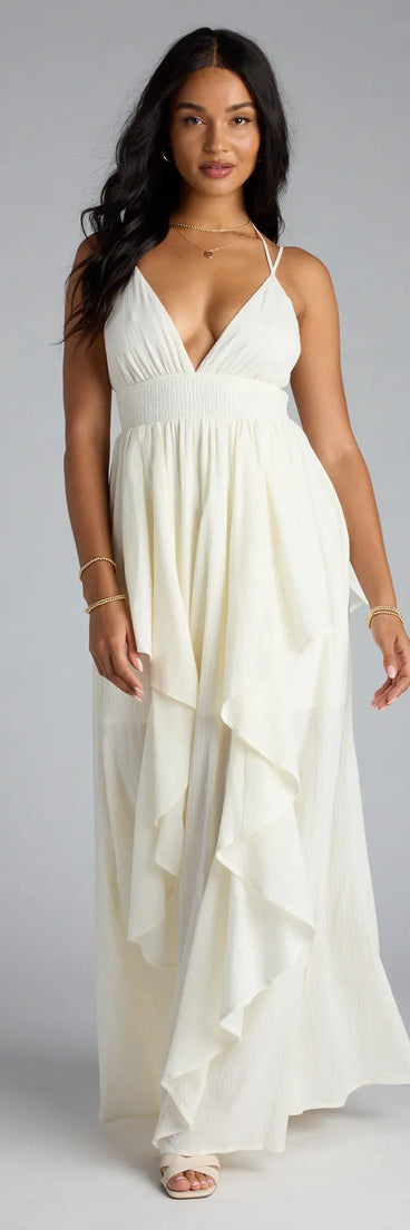 Soak up the season in the Just Like A Dream Strappy Back Ruffled Maxi Dress, a ivory sundress styled for easy days, outdoor plans, and everything in between.