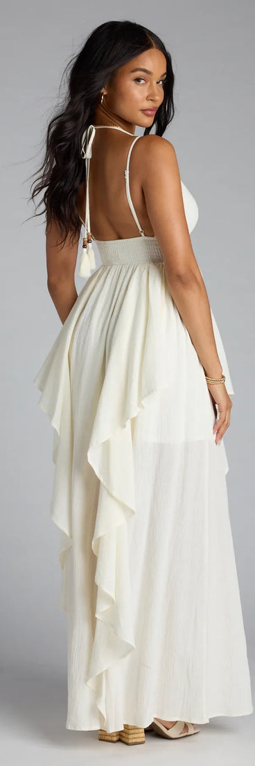 Soak up the season in the Just Like A Dream Strappy Back Ruffled Maxi Dress, a ivory sundress styled for easy days, outdoor plans, and everything in between.