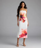 Step into summer looking effortlessly chic in the Set For Vacay Tropical Floral Strapless Midi Dress in white, a must-have Windsor dress for your warm-weather wardrobe.