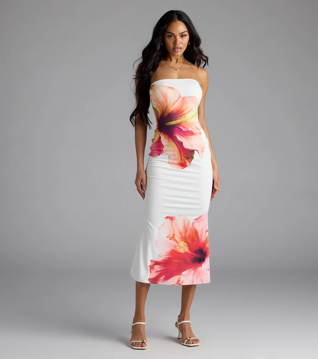 VACATION VIEWS FLORAL WOVEN MIDI DRESS