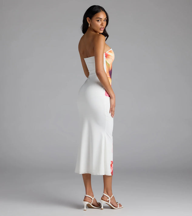 Set For Vacay Tropical Floral Strapless Midi Dress