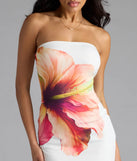 Step into summer looking effortlessly chic in the Set For Vacay Tropical Floral Strapless Midi Dress in white, a must-have Windsor dress for your warm-weather wardrobe.