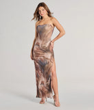 Make a bold statement in the Turn Heads Abstract Print Strapless High Slit Maxi Dress in taupe, the perfect spring dress for weddings, cocktail hours, nights out, and/or seasonal celebrations.