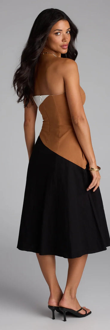 The Picture Perfect Color Block Midi Dress in black features a flattering fit and mid-calf hem, redefining effortless midi dresses for any occasion.