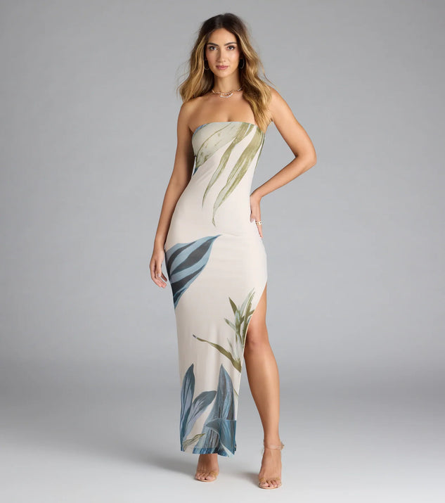 Whether you're headed to brunch or running errands, the On A Vacay Strapless Tropical Slit Maxi Dress in multi-color delivers effortless style in a breathable, go-to casual dress.