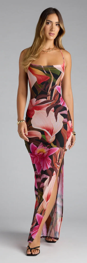 floral slit maxi dress White Floral Print Strappy Side Split Maxi Dress