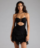 Bring high-impact style to your nightlife in the Sweet But Spicy Halter Cutout Ruffle Skater Dress, a bold black club dress made for dancing, parties, and unforgettable nights.