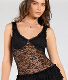 Own every entrance in the Dainty And Divine Sheer Lace Bodycon Ruffle Mini Dress, a black party dress perfect for milestone birthdays and grad parties, or dancing through summer nights and unforgettable bachelorette celebrations.