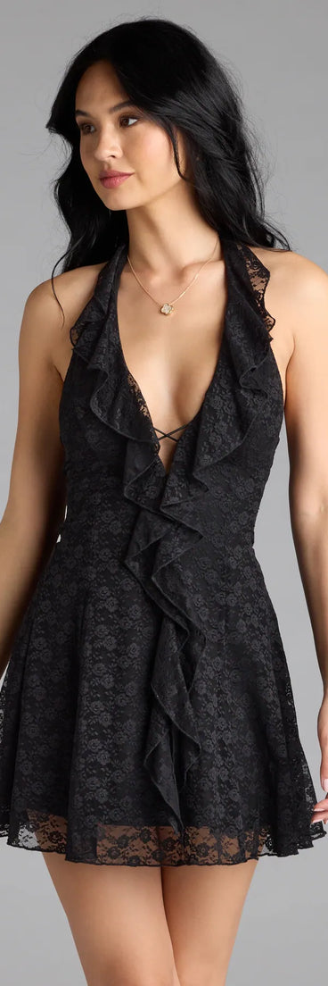 Own every entrance in the Flirty Girl Ruffled Halter A-Line Lace Mini Dress, a black party dress perfect for milestone birthdays and grad parties, or dancing through summer nights and unforgettable bachelorette celebrations.