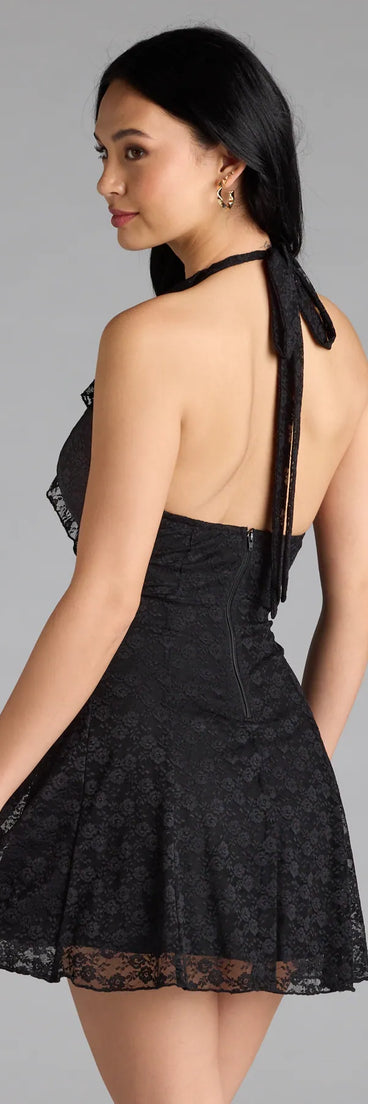 Own every entrance in the Flirty Girl Ruffled Halter A-Line Lace Mini Dress, a black party dress perfect for milestone birthdays and grad parties, or dancing through summer nights and unforgettable bachelorette celebrations.
