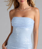 Bring high-impact style to your nightlife in the Shimmer All Night Strapless Sequin Mini Dress, a bold light blue club dress made for dancing, parties, and unforgettable nights.