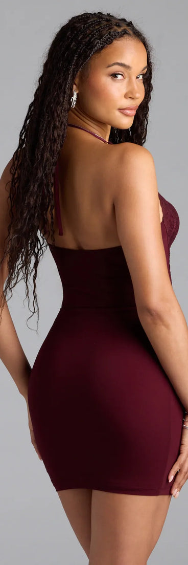 Style your seasonal looks with the Maybe It's Love Plunge Lace Trim Mini Dress, a trend-right, wine fall dress designed for any plan on your calendar with new and unqiue details.