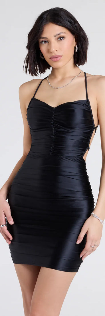 Flaunt your silhouette in the tight After Hours Lace-Up Bodycon Mini Dress in black, a bodycon dress that empowers your look with bold style and effortless edge.