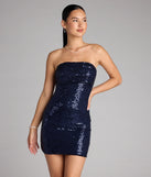 Feel ready for every dance floor moment or feed-worthy reel in the Sparkle Goals Sequin Tube Mini Dress, a navy blue homecoming dress designed to own your moment.