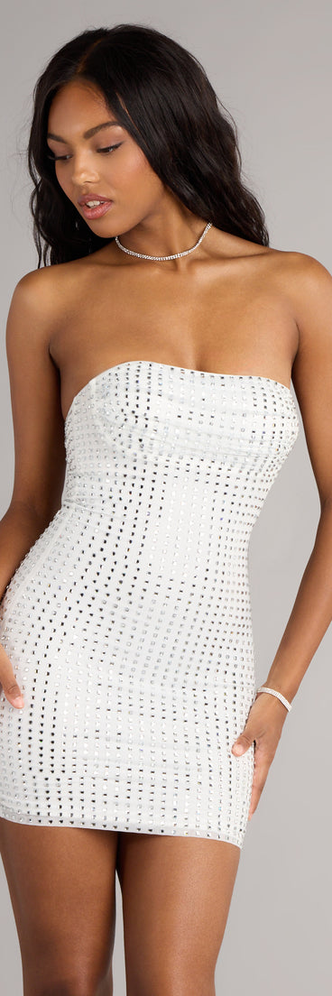 Incredible Glow Rhinestone Mini Dress in White | Size: L | Knit Fabric/Rhinestone/Mesh Fabric