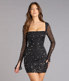 Dazzling Glam Long Sleeve Rhinestone Mesh Mini Dress