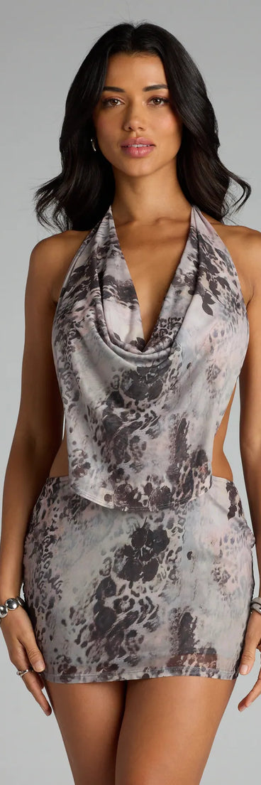 The Untamed Vibes Abstract Halter Mini Dress is your new go-to gray dress—effortless, versatile, and made to update your fall style in seconds.