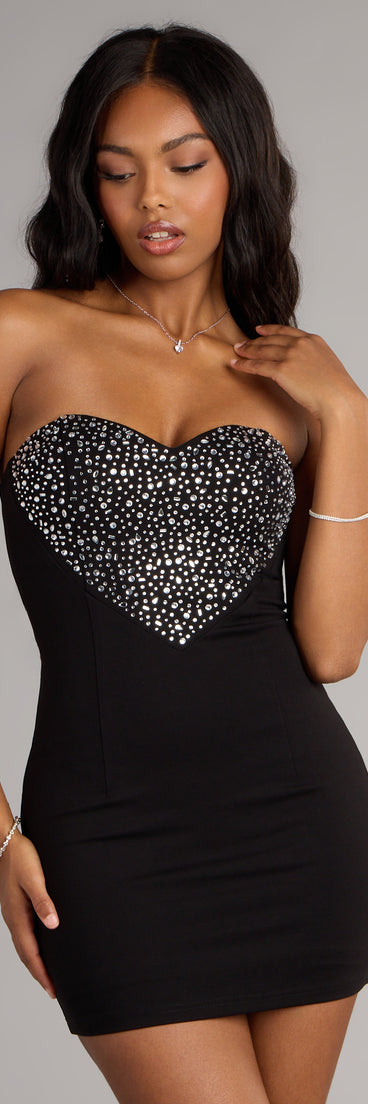 Love Game Rhinestone Heart Crepe Mini Dress in Black | Size: XS | Knit Fabric/Rhinestone | Windsor Love Game Rhinestone Heart Crepe Mini Dress in Black | Size: XS | Knit Fabric/Rhinestone | Windsor