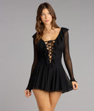 The Lace-Up Moment Sheer Long Sleeve Mini Dress is your new go-to Windsor dress—effortless, versatile, and made to update your fall style in seconds.