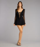 The Lace-Up Moment Sheer Long Sleeve Mini Dress is your new go-to Windsor dress—effortless, versatile, and made to update your fall style in seconds.
