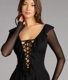 The Lace-Up Moment Sheer Long Sleeve Mini Dress is your new go-to Windsor dress—effortless, versatile, and made to update your fall style in seconds.