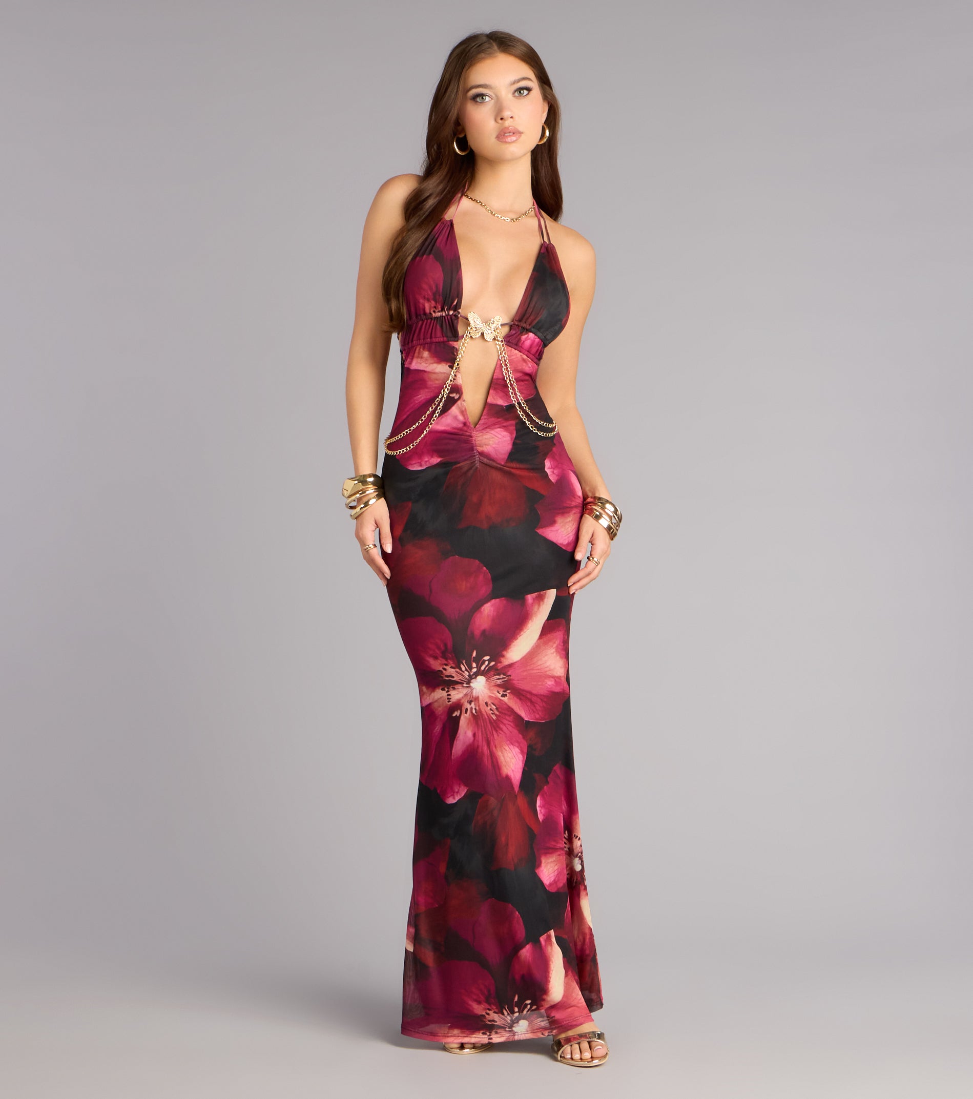 Garden After Dark Plunge Halter Maxi Dress | Windsor