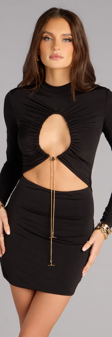 Shimmer in black with the After Dark Drama Cutout Mini Dress, one of our sequin dresses designed to sculpt your shape and light up the night.