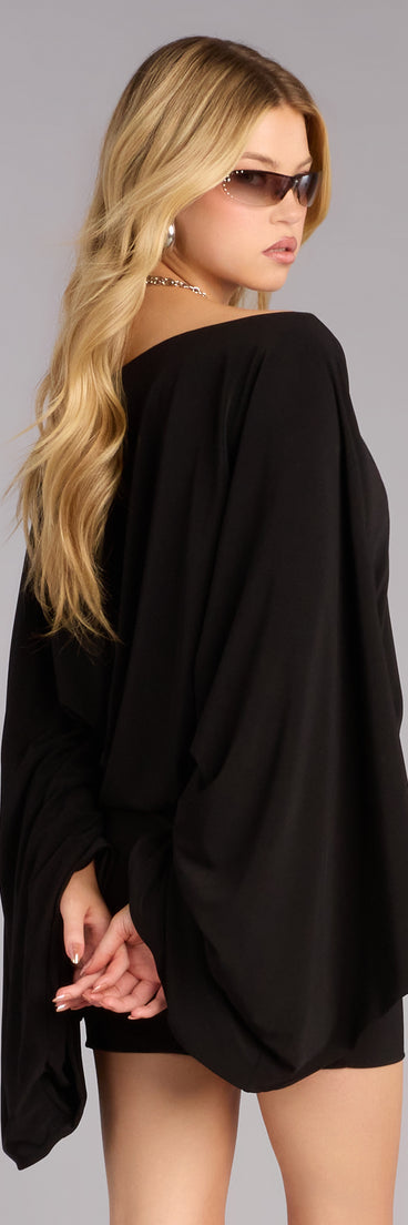 Shop a mini dress like the Effortlessly Extra Off-The-Shoulder Mini Dress in black with a curve-hugging shape, playful length, and chic detail for any occasion.