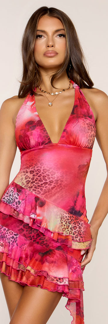 Vivid Escape Ruffle Halter Mini Dress