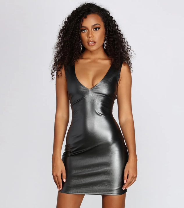 Sleeveless Faux Leather Metallic Dress