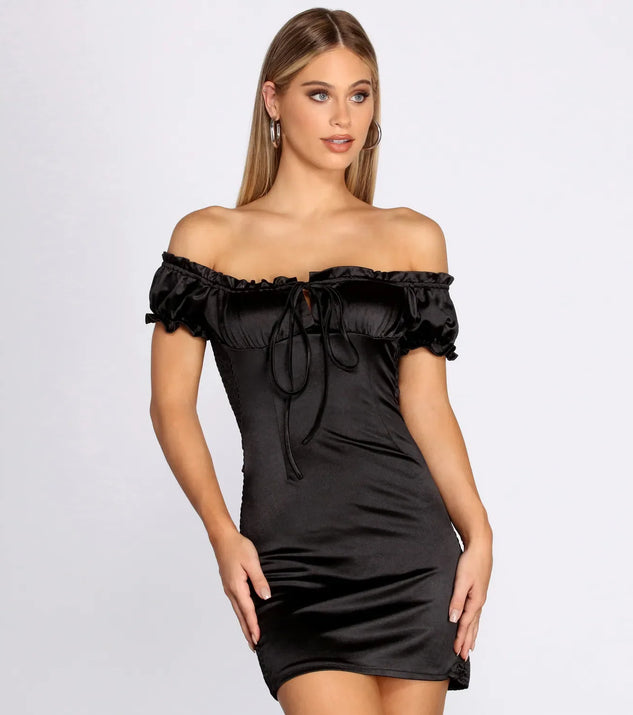 Satin Off Shoulder Mini Dress