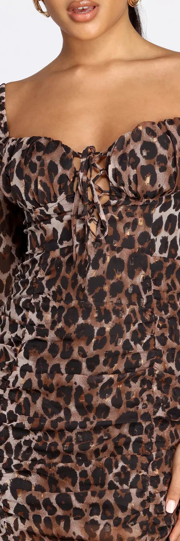 Metallic Leopard Ruched Mini Dress