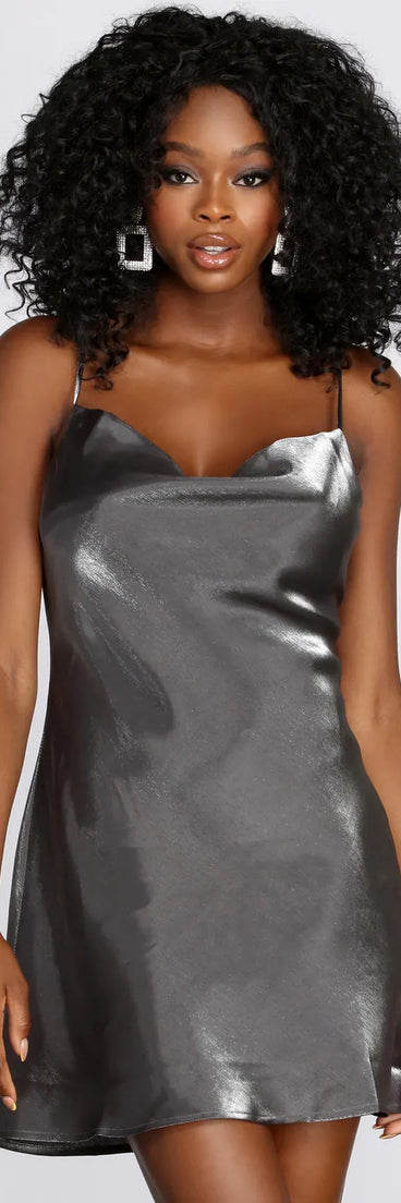 Metallic Cowl Neck Mini Dress