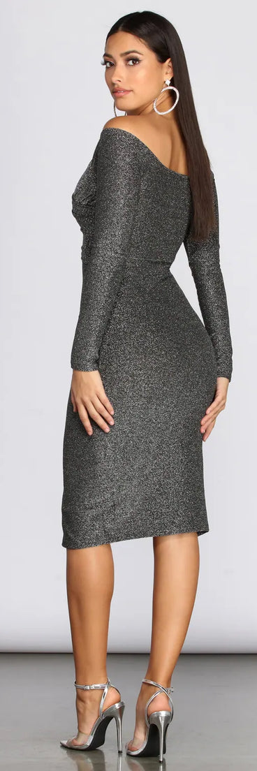 Glitter Knit Off Shoulder Midi Dress