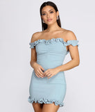 Crepe Ruffle Off Shoulder Mini Dress