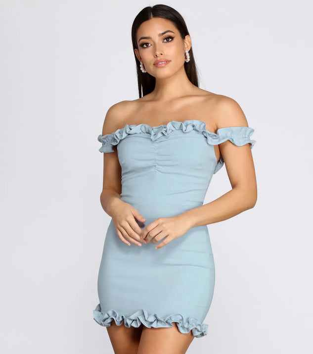 Crepe Ruffle Off Shoulder Mini Dress