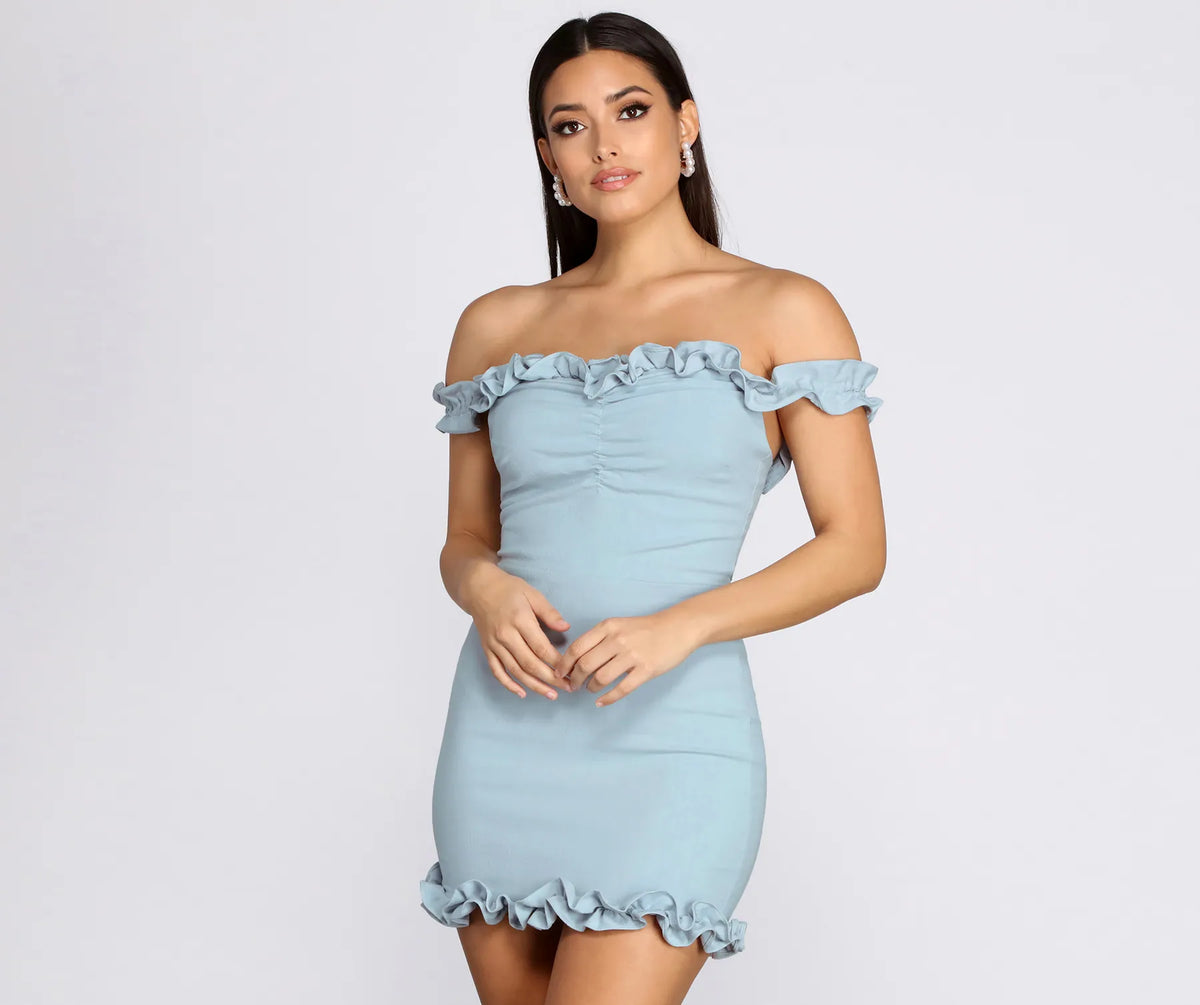 Crepe Ruffle Off Shoulder Mini Dress & Windsor