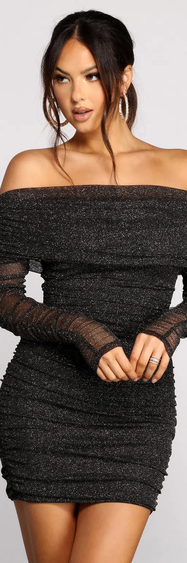 Keep it classic with the Shimmer Nights Off the Shoulder Glitter Mini Dress, a feed-worthy pick from Windsor's black homecoming dress collection made to stop their scroll from pictures to the dance floor.